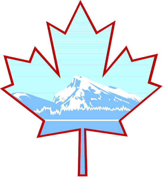 The image shows a stylized maple leaf with an illustration of Mount Everest on it against a blue sky background.