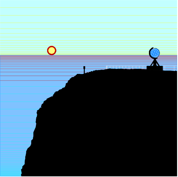 The image shows a black silhouette of an ocean scene with waves crashing against rocks on either side; there is no visible sky due to the low angle perspective from below sea level looking up at the horizon where two suns appear, one red and smaller in size than the other larger blue-greenish circle.