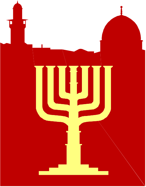 The image features a red flag with an emblem of a gold menorah on it to its left side; above this symbol is a silhouette of what appears to be a building resembling a church, and below that, there's another smaller depiction of a similar structure in the background.