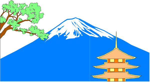 The image shows a tranquil scene with an Asian landscape featuring two traditional Japanese buildings: on the left is a temple-like structure resembling a pagoda; to its right stands another building that could be interpreted as either a shrine or small house, both set against a backdrop of mountains. In front of these structures are trees and what appears to be an iconic blue mountain with white peaks in the distance under a clear sky. The overall impression is one of serene beauty typical of Japanese landscapes.