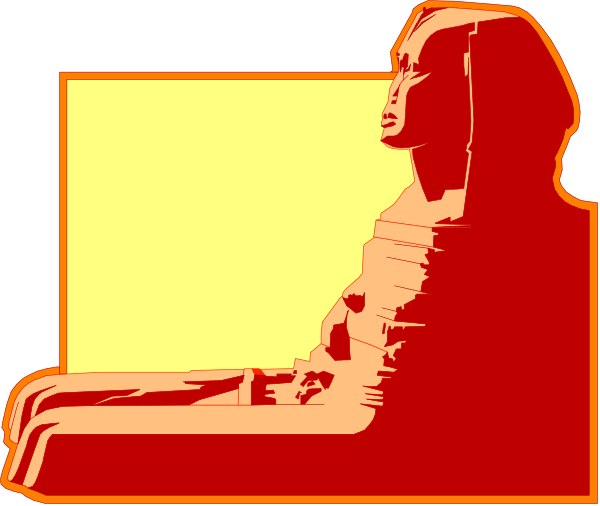 The image shows a red silhouette of an ancient Egyptian statue with hieroglyphics on its chest sitting next to what appears to be a window frame in shades of yellow and orange.