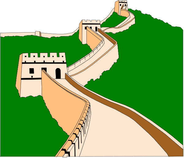 The image shows a stylized illustration of an ancient Chinese wall with watchtowers on either side leading to a gate at its end in front of mountains under a clear sky.