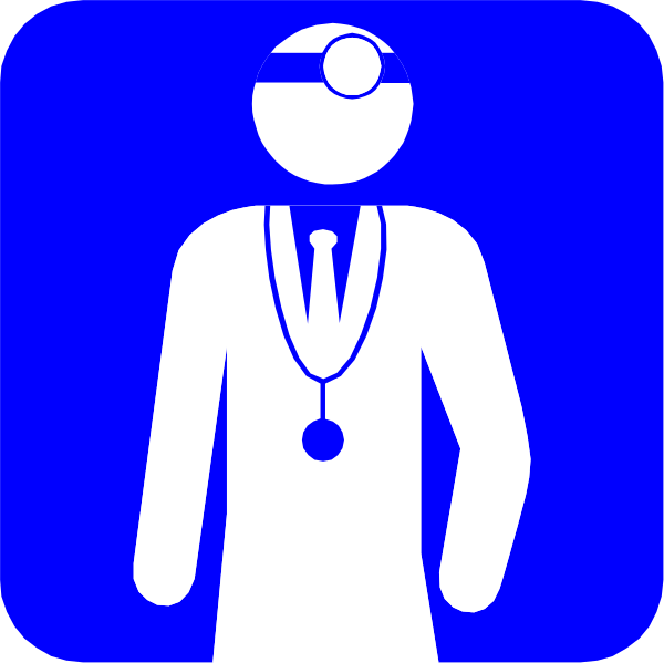 The image shows a blue icon with white outlines featuring an illustration of a stethoscope on top left corner, followed by a male figure wearing glasses in front view profile facing right side, dressed as doctor and holding a clipboard under his arm; he is standing next to the text "Doctor" written above him.