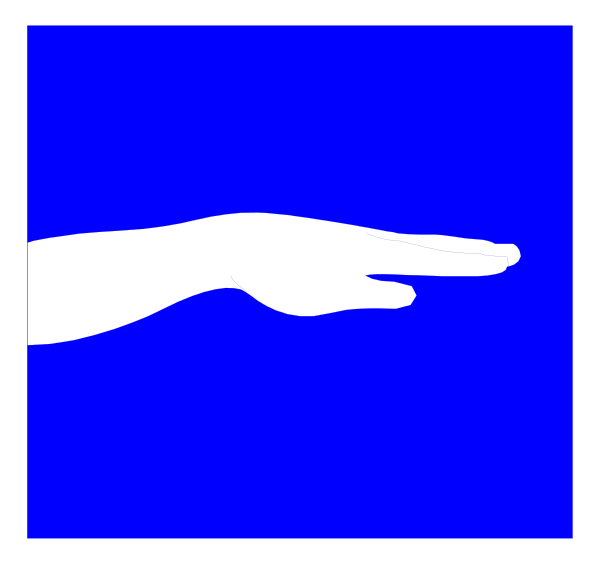 The image shows a blue background with an abstract white hand pointing upwards to what appears to be a small black object floating in space above it.