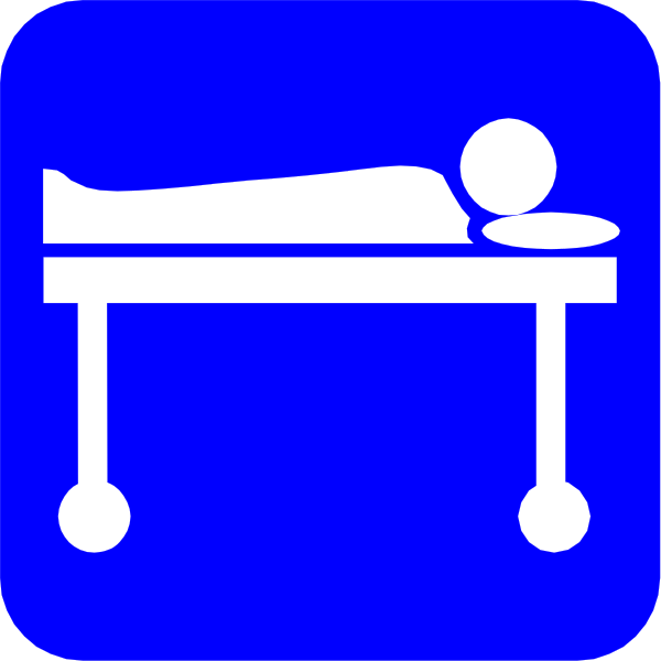 The blue icon shows a massage table with an attached footrest on wheels next to it is a person lying down as if receiving treatment from this device.