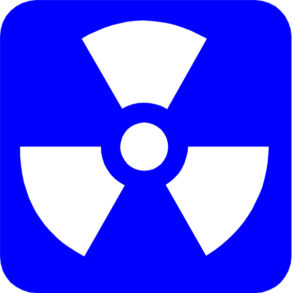 The image shows a blue radiation symbol with an exclamation mark inside it on top of what appears to be a white background.