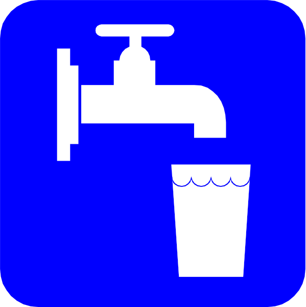 The image shows a blue sign with white text featuring an icon of a water fountain next to it on top right corner.