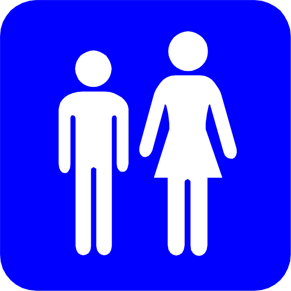 The image shows a blue sign with white silhouettes of two figures: an adult male figure on the left side facing rightward towards another female figure who is also depicted in profile view but looking to her left, both standing next to each other under what appears to be a restroom symbol indicating that this could represent men's and women's facilities.
