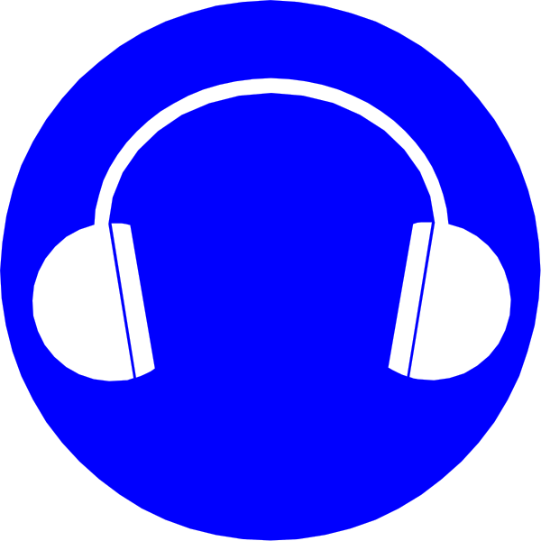 The image shows a blue circle with two white headphones inside it against a black background.
