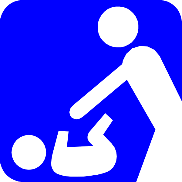 The image shows a blue sign with white text featuring an icon of a person pushing a stroller next to another figure that appears to be holding up a baby's diaper for changing purposes.