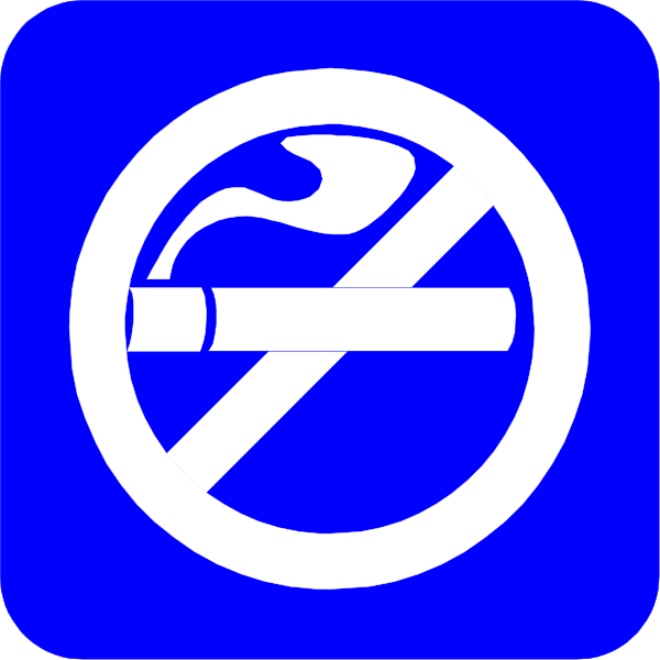 The image shows a blue "no smoking" sign with an icon of a cigarette crossed out by a red line through it on top left corner.