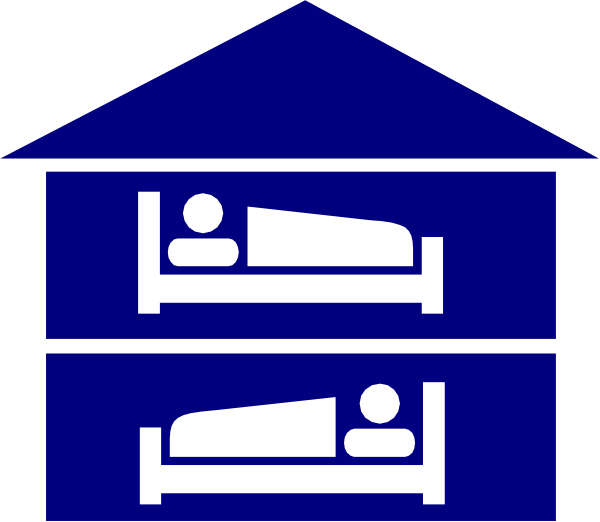 The image shows a blue house with two beds inside it depicted on an iconic sign that is white against a black background.