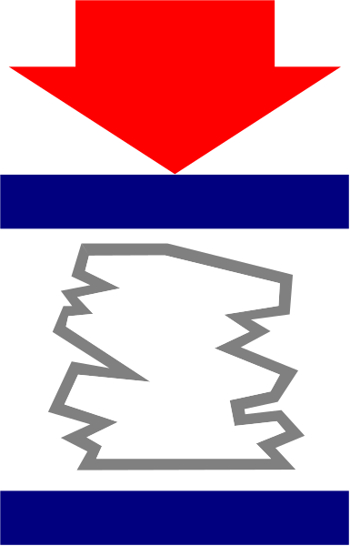 The image shows a graphic of an arrow pointing downwards with text above it that reads "DOWN" on top of what appears to be a torn piece of paper or fabric in blue tones against a gray background, suggesting some form of instructional signage for directionality within a building or area.