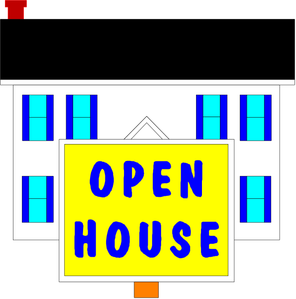 The image shows a cartoon depiction of an open house sign on top of what appears to be a white two-story building with blue shutters around windows; there is no visible text in this description as it pertains only to objects, people, animals, actions and setting present within the clip art.