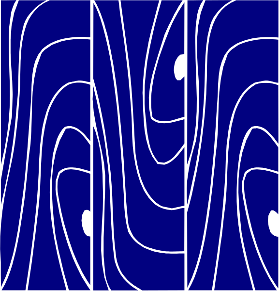 The image shows a blue abstract design with flowing lines that resemble waves or swirls against a white background.