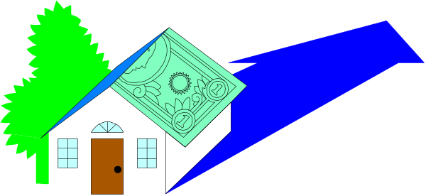 The image shows a pixelated house with an open door under a blue sky at nighttime; there is no visible activity in this still scene.