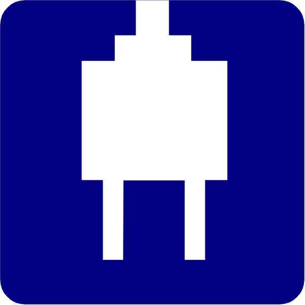 The image shows a blue sign with an icon of a white pixelated house on it against a dark background.