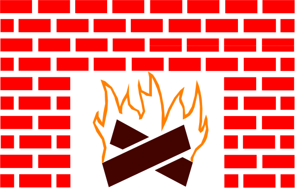 The image shows a brick fireplace with flames burning inside it against an orange background.