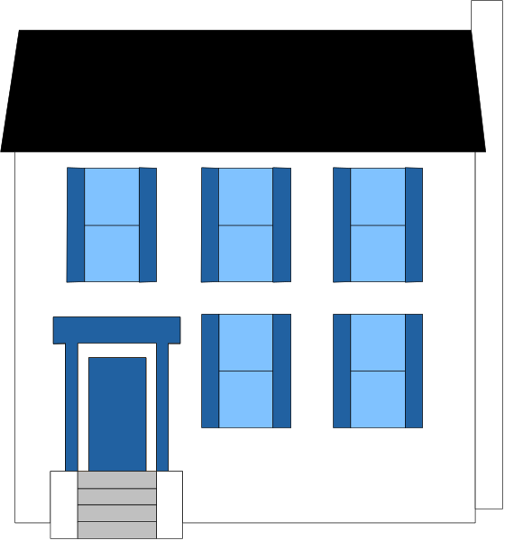 The image shows a simple black and white illustration of an old house with shuttered windows under a clear sky.