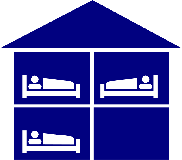 The image shows a simple black and white illustration of two beds inside what appears to be an apartment building with three windows on each side; there is no text present in this clip-art depiction.