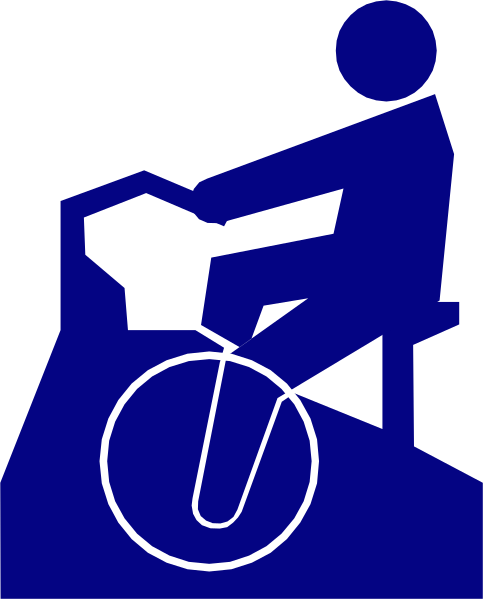 The image shows a blue silhouette of an adult riding on top of what appears to be a motorcycle with two wheels visible in front; there is also another wheel at the back that seems out-of-place, suggesting it might have been digitally altered or added for artistic effect.