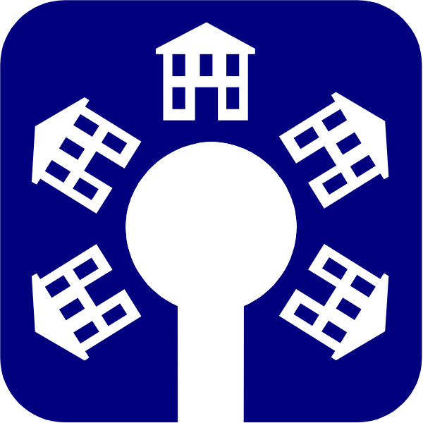 The image shows a blue icon with white outlines featuring an illustration of a house surrounded by solar panels on its roof, representing renewable energy use; below it is another symbol that looks like a tree trunk connected to three houses in different styles and sizes, suggesting sustainability or growth themes; at the bottom center there's a keyhole graphic indicating accessibility.