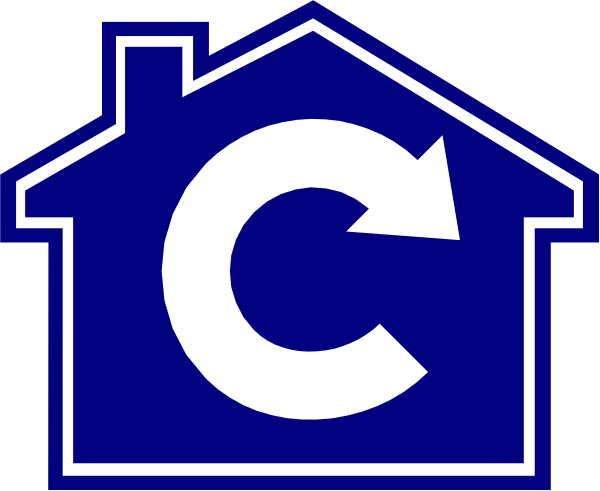 The image shows a blue house with white trim on its left side next to an icon of what appears to be a recycling symbol indicating that it is related to waste management services.