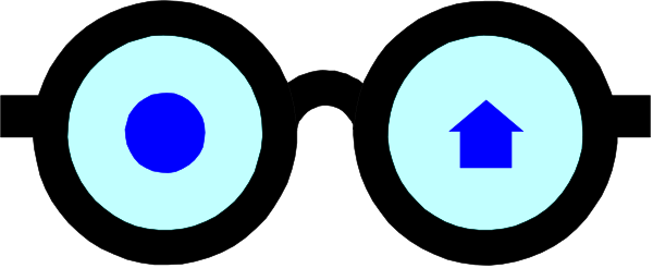 The image shows a black and white pixelated representation of two eyes with blue pupils on either side of what appears to be an arrow pointing upwards in between them.