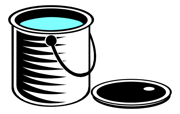 The black and white illustration shows a bucket of paint on top left corner with handle facing upwards; two cans in center bottom area one is open showing brush inside while other has no visible contents but appears to be closed, both have handles pointing downward; an empty can next to the full one.