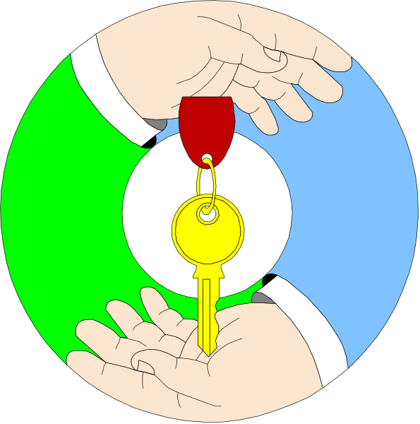 The image shows a key with an attached medal being held by two hands from opposite sides of what appears to be a circular frame; one hand is holding it upwards while another holds it downward against a black background, creating a 3D effect that makes both images appear as if they are on the same plane. There's no text or additional objects in this image. The focus here seems to be solely on the key and its presentation within the circular frame.