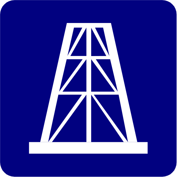 The image shows a blue sign with an illustration of two white oil derricks on top against a lighter background; it is square in shape.