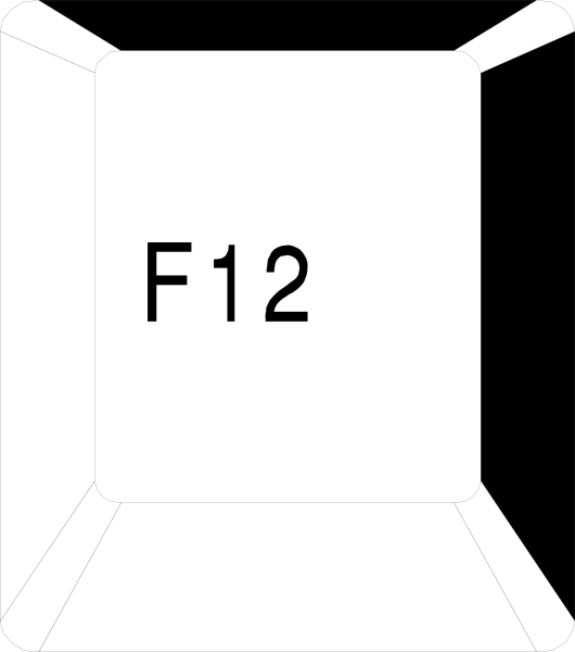 The image shows a white text that reads "F12" on what appears to be an electronic device with buttons around it against a gray background.