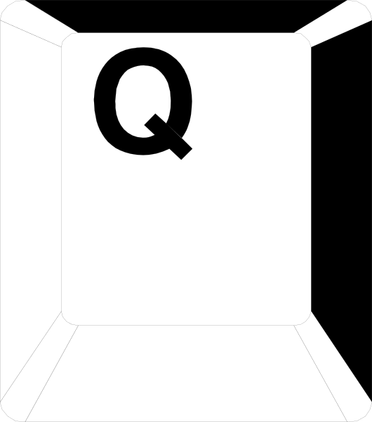 The image shows a black and white illustration of an open book with pages visible inside it; on top page is printed "Q" in large letters against a dark background that resembles paper texture.