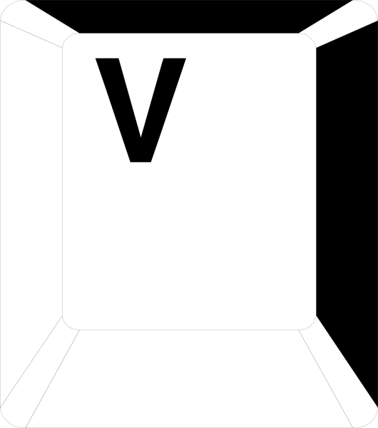The image shows a white card with black text that reads "V".