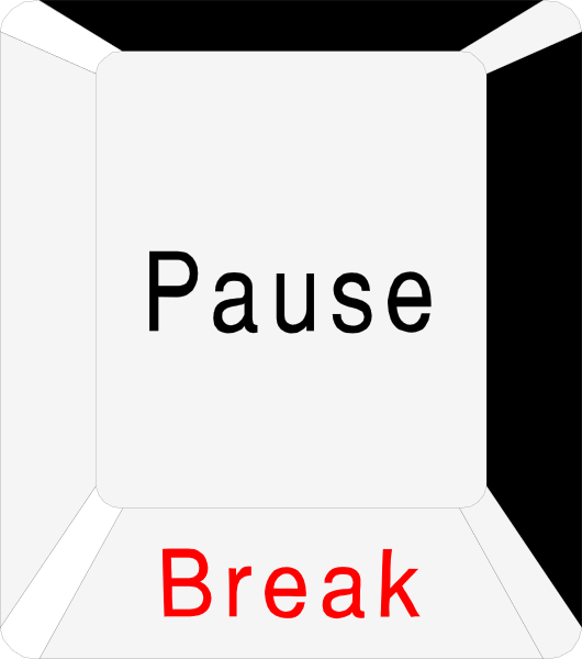 The image shows a pause button with text that reads "pause break" on it against an unrelated background of what appears to be a computer screen displaying some sort of document or presentation slide.