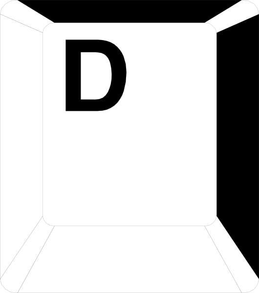 The image shows a white letter 'D' on top of an open book with pages visible inside it against a gray background.