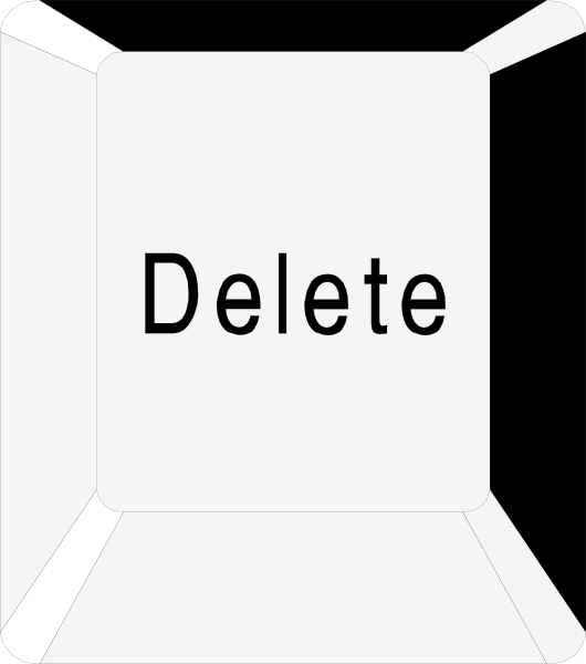 The image shows a white paper with black text that reads "DELETE" on it placed inside an open cardboard box against a gray background.