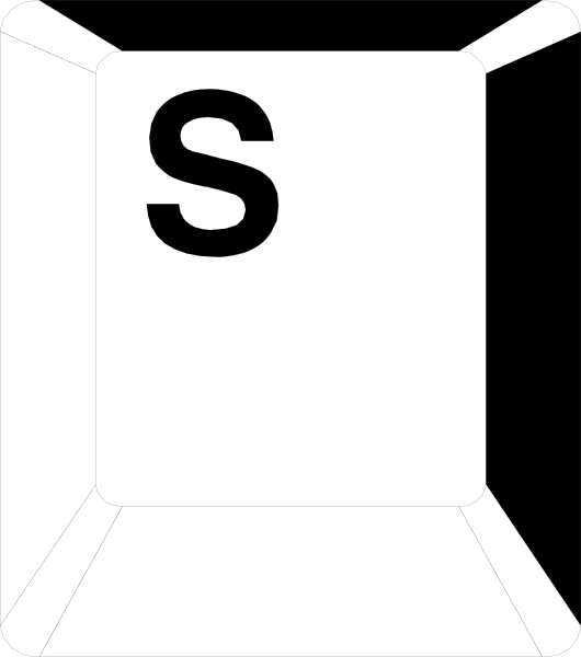 The image shows a black and white representation of an open laptop with its screen displaying text that reads "S".