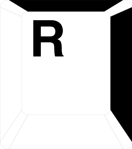 The image shows a white sign with black lettering that reads "R".