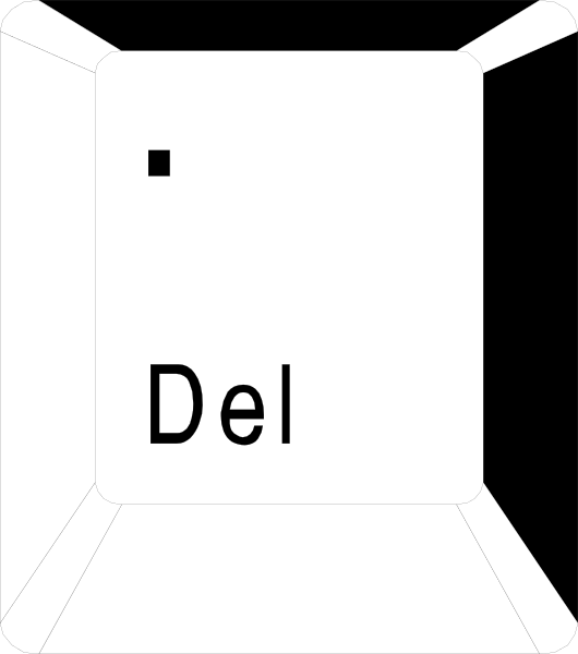 The image shows a black and white illustration of an open laptop with its screen displaying text that reads "DEL".