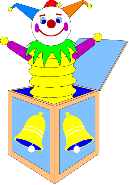 The image features a cartoon clown sitting inside an open treasure chest with gold coins spilling out onto its lap; it has red hair, blue eyes, white face paint, yellow shoes, purple pants, green gloves and is holding two bells in each hand while smiling broadly at the viewer.