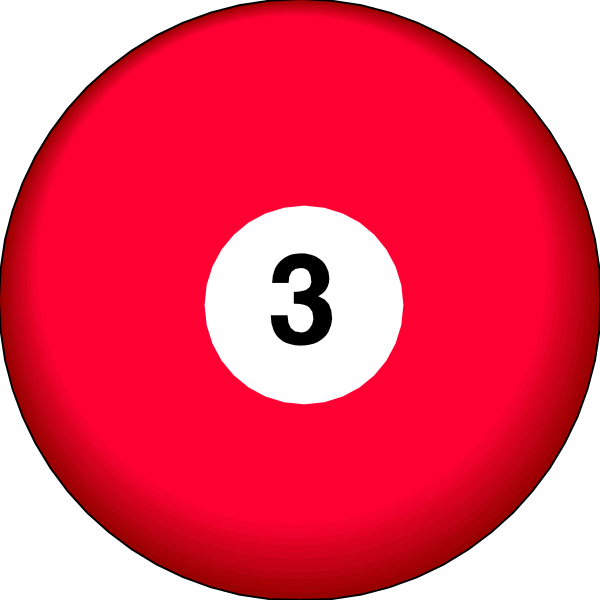 The image shows a red pool ball with three white number balls around it on what appears to be a billiards table surface.