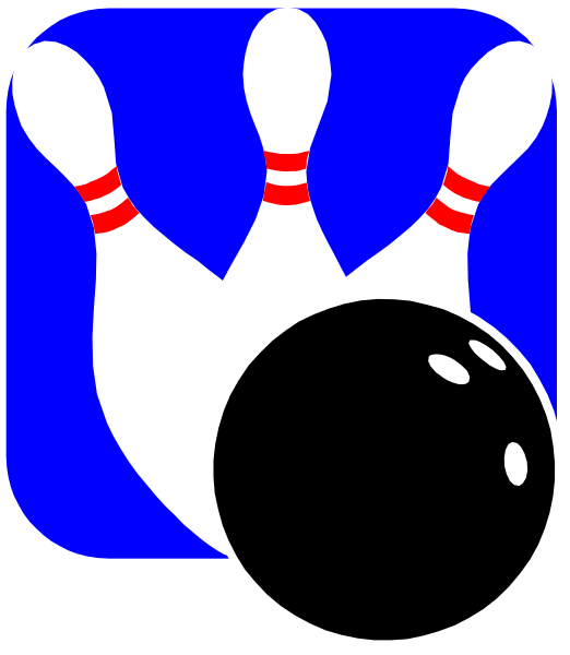 The image shows a cartoon of three bowling pins with two red stripes on them placed above an illustration of a black pool ball in front of what appears to be blue felt backgrounds resembling billiard pockets, suggesting that this is related to both bowling and snooker.