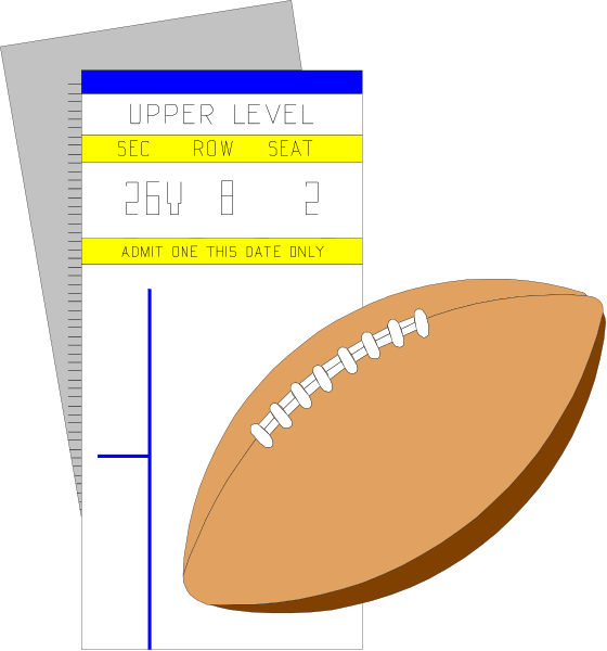 The image shows a football next to an open ticket book with some numbers on it against a black background; there is also what appears to be a scoreboard in blue at top left corner of picture.