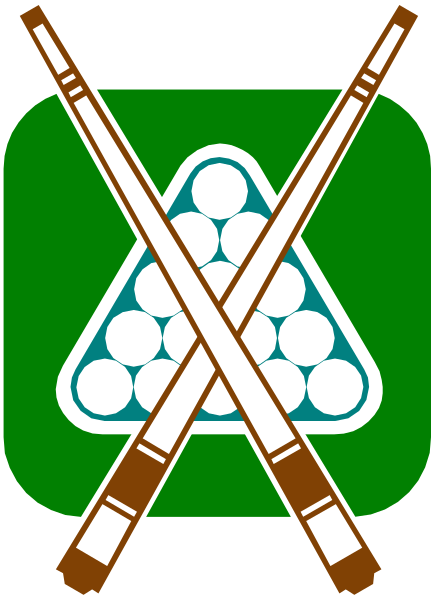 The image displays a logo with graphic elements that include three pool balls arranged vertically on top of each other within an oval shape resembling a target; above this arrangement is what appears to be two crossed cues, and below it there's another symbol representing more billiard balls in the same style. To the left side of these symbols stands a vertical image that looks like a bowling pin with three pins on top of each other inside an oval shape similar to those above; this is also within its own square border, which has two crossed cues atop it and