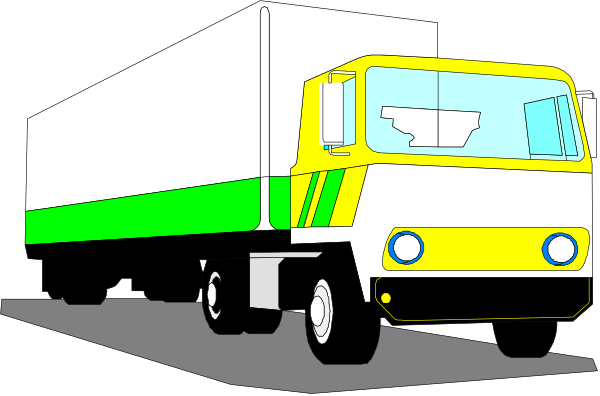 The image shows a colorful cartoon truck on an asphalt road with no other vehicles visible around it.