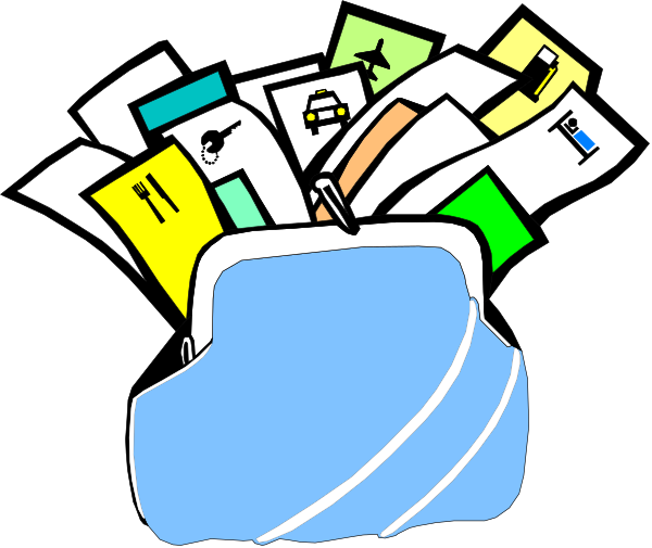The image shows a cartoon of an open briefcase filled with various papers that appear to be documents related to travel planning; there is no text present in this clip-art illustration.