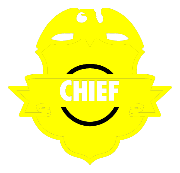 The image shows a black background with two yellow badges featuring white text: "CHIEF" on top of each other in different fonts; between them is an emblem that resembles a shield, also colored gold and adorned with what appears to be wings or feathers at the sides.