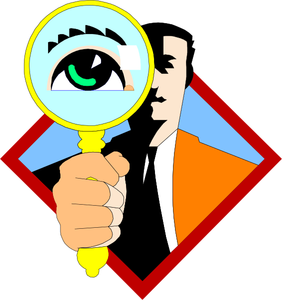 The image shows a magnifying glass with an eye peering through it from behind, held by two hands that appear to be part of different figures; one figure is on top holding up the eyepiece while another appears below looking at something else out of frame.