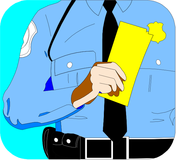 The image shows a cartoon of an officer holding up a yellow ticket with "COVID" written on it to someone's face in front of them while standing behind their police car.